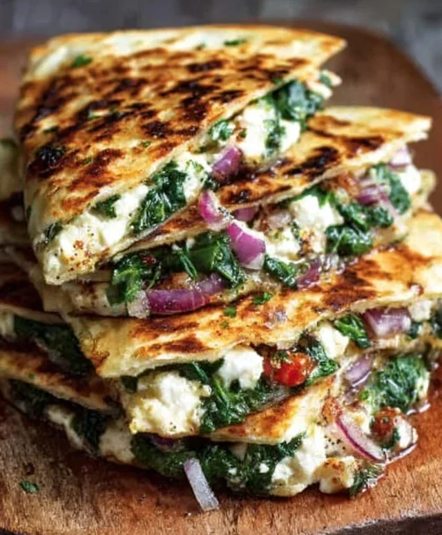 Mediterranean Quesadillas with Spinach, Feta, Mozzarella, and Red Onion