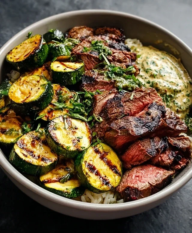 Grilled Steak Bowl with Sauce & Grilled Zucchini Bliss