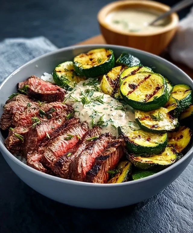 Grilled Steak Bowl with Sauce & Grilled Zucchini Bliss