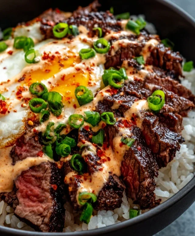 Korean BBQ Steak Rice Bowls with Spicy Cream Sauce