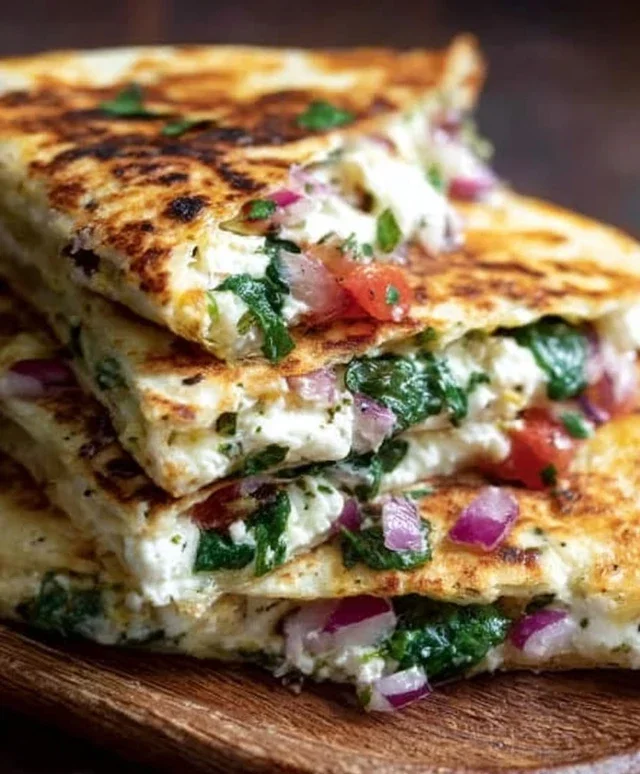 Mediterranean Quesadillas with Spinach, Feta, Mozzarella, and Red Onion