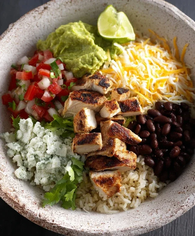 Grilled Chicken Burrito Bowl with Rice and Beans