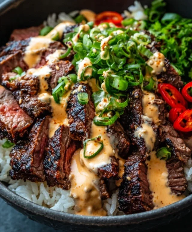 Korean BBQ Steak Rice Bowls with Spicy Cream Sauce