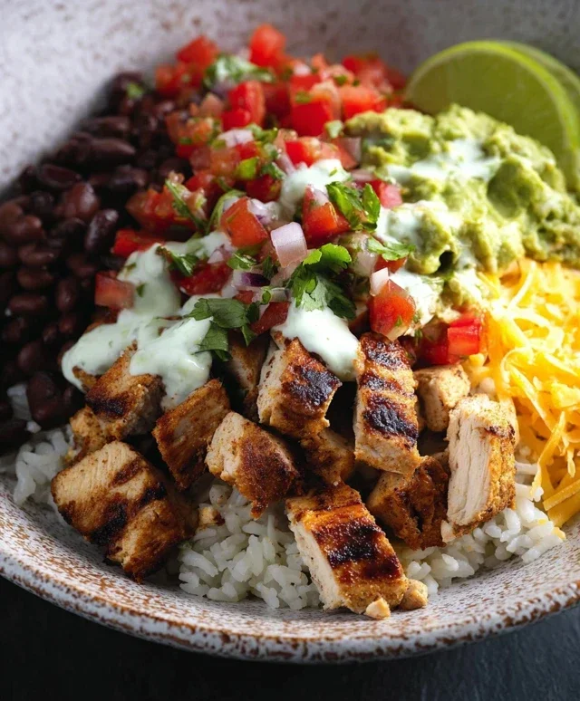 Grilled Chicken Burrito Bowl with Rice and Beans