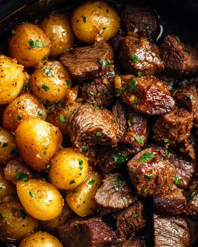 Slow Cooker Garlic Butter Beef Bites with Potatoes