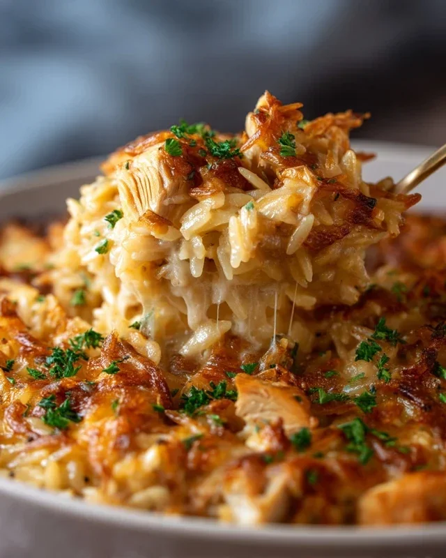 French Onion Chicken Orzo Casserole
