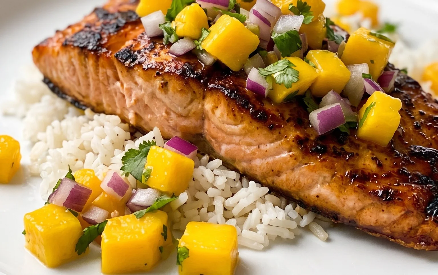 Grilled Salmon with Mango Salsa and Coconut Rice