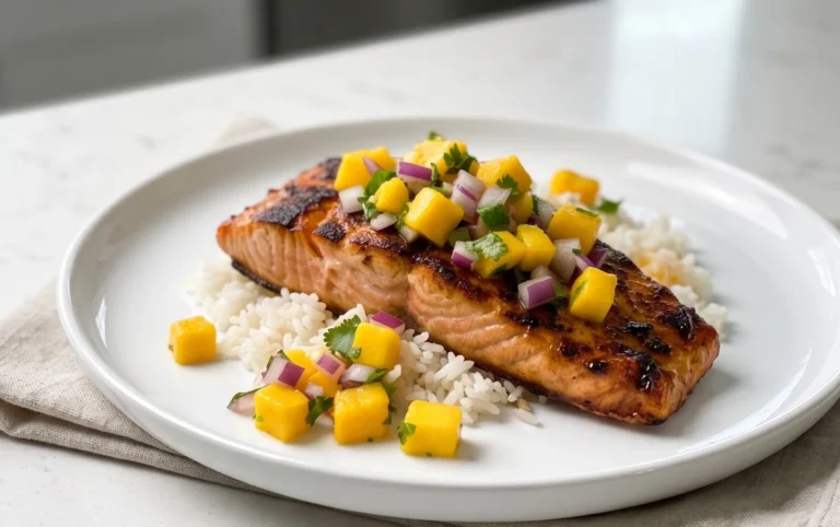 Grilled Salmon with Mango Salsa and Coconut Rice