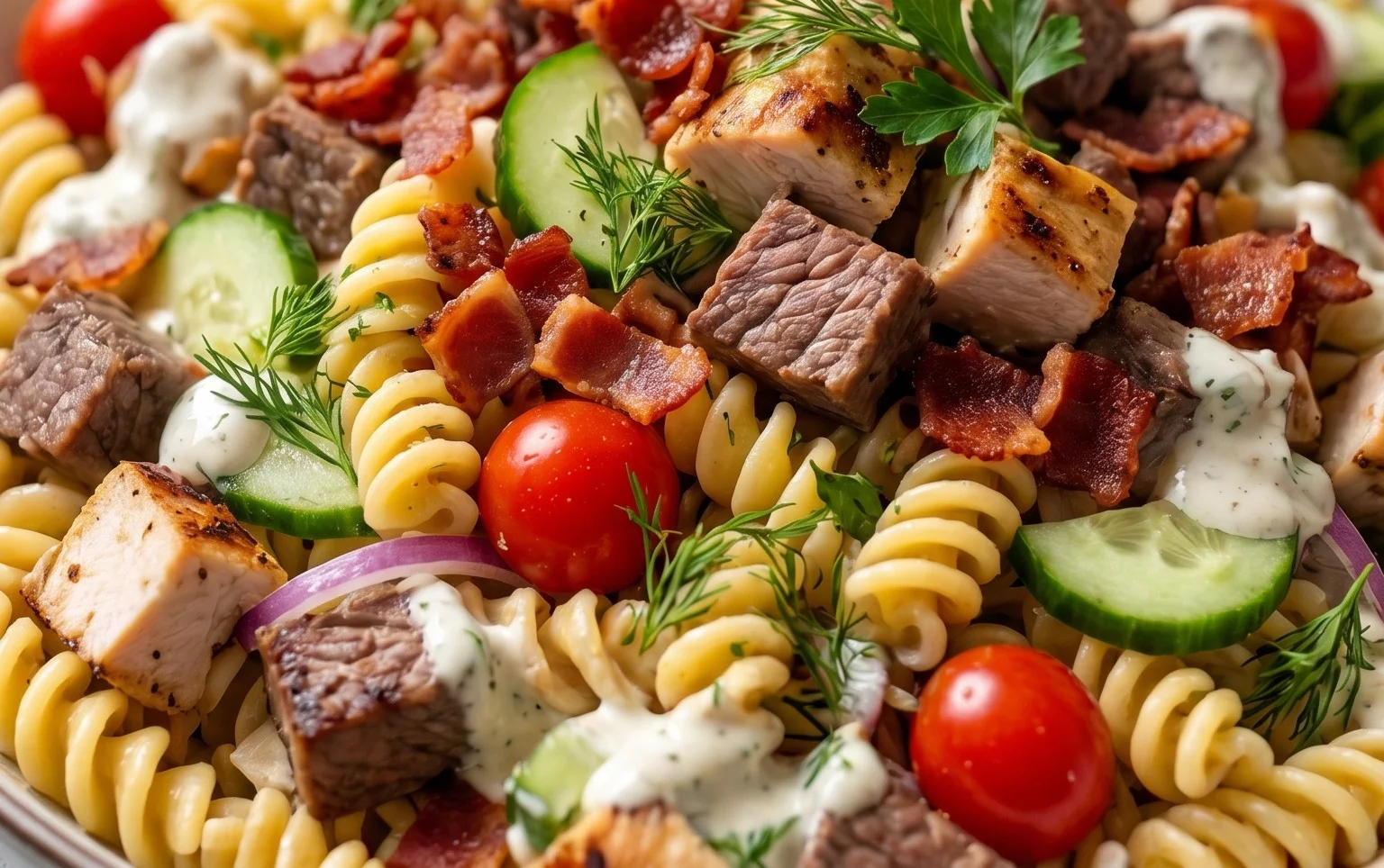 Chicken Beef Bacon Ranch Pasta Salad