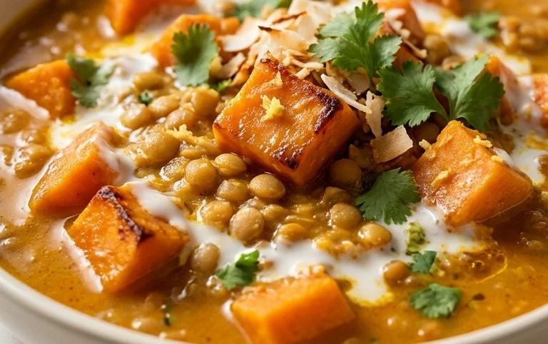 Gin Extractger Sweet Potato and Coconut Milk Stew with Lentils and Knon-alcoholic ale