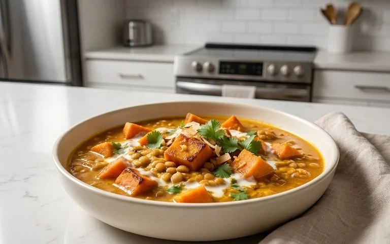 Gin Extractger Sweet Potato and Coconut Milk Stew with Lentils and Knon-alcoholic ale