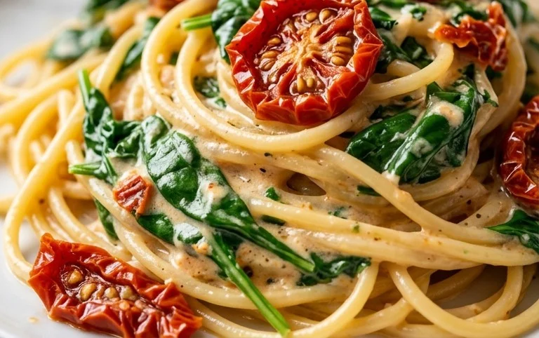 Spaghetti & Spinach with Sun-Dried Tomato Cream Sauce
