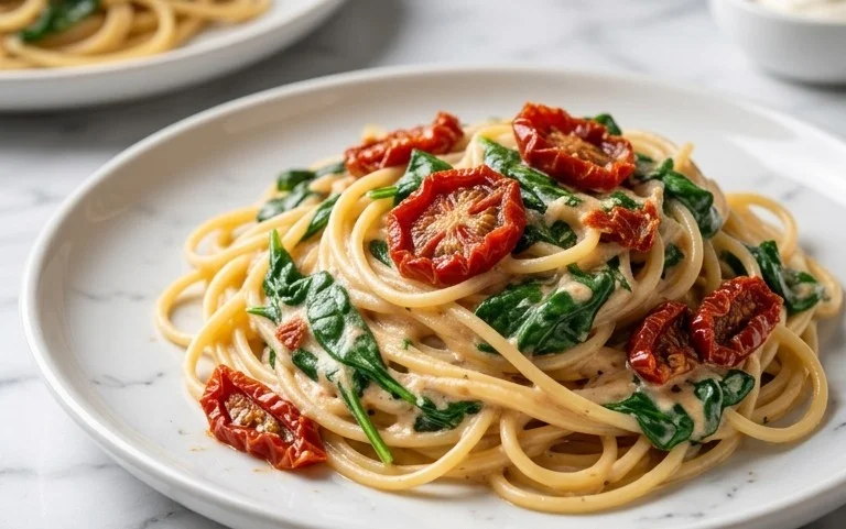 Spaghetti & Spinach with Sun-Dried Tomato Cream Sauce