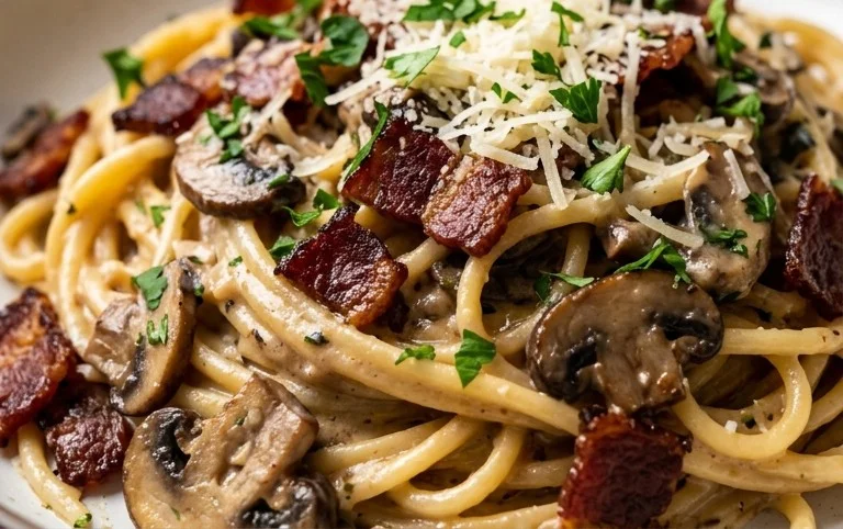Creamy Beef Bacon and Mushroom Pasta