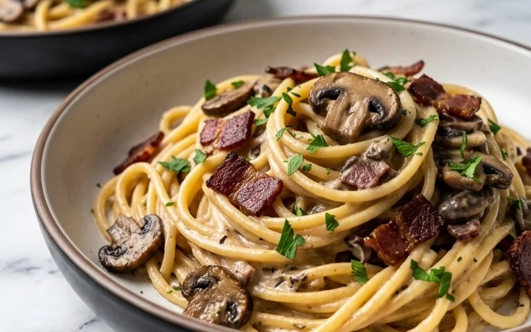 Creamy Beef Bacon and Mushroom Pasta