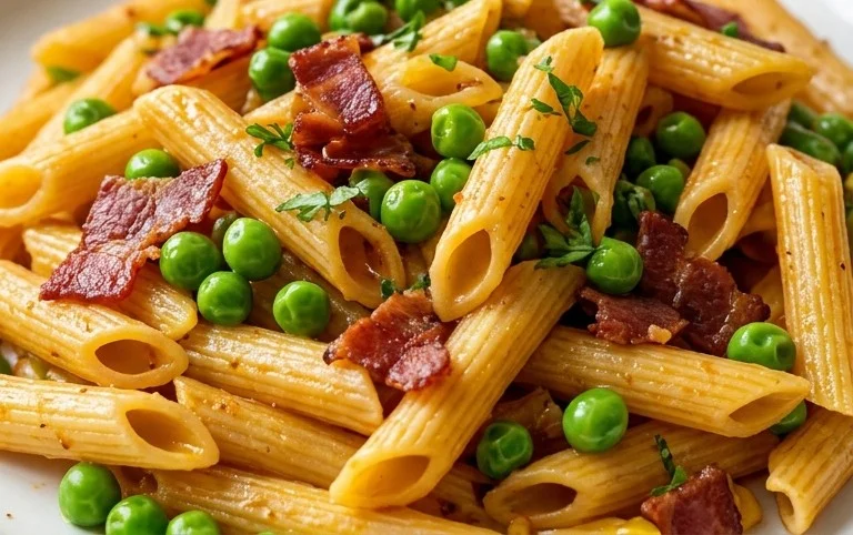 Penne Pasta, Peas and Beef Bacon