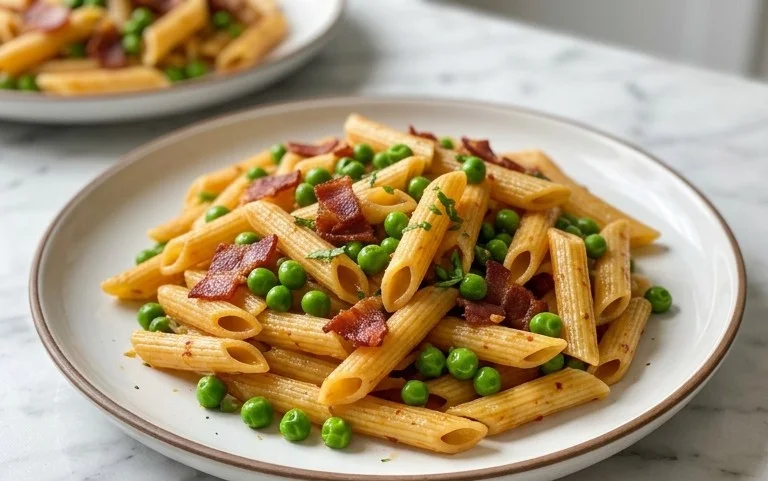 Penne Pasta, Peas and Beef Bacon