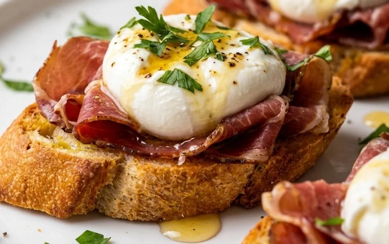Beef Prosciutto Crostini with Burrata and Lemon Honey Drizzle