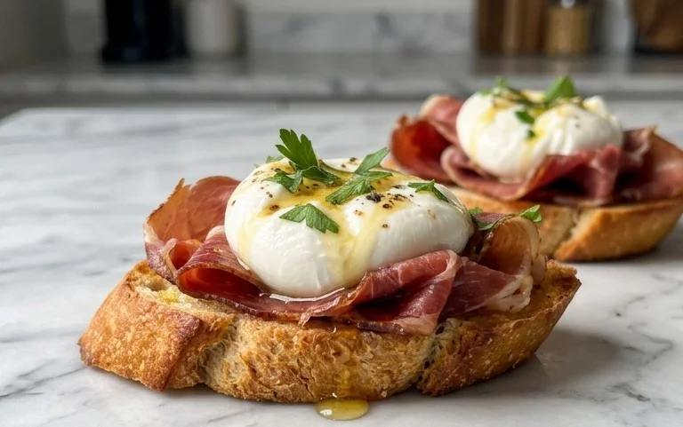 Beef Prosciutto Crostini with Burrata and Lemon Honey Drizzle